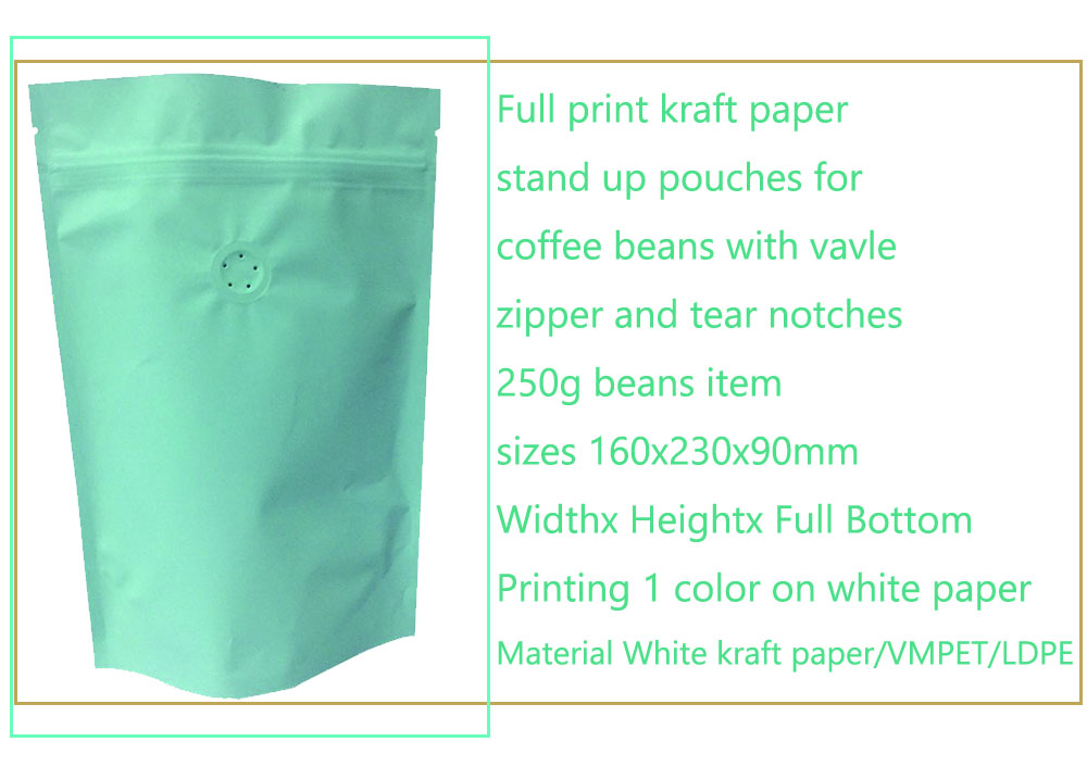 1.High Barrier Natural Kraft Paper Stand up Coffee Bags with One Way Degassing Valve