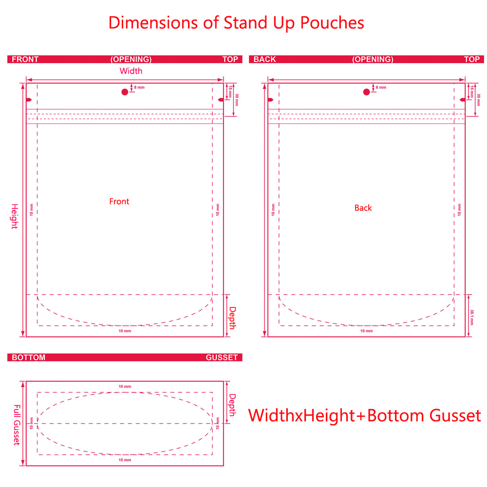 1.dimension of stand up pouches